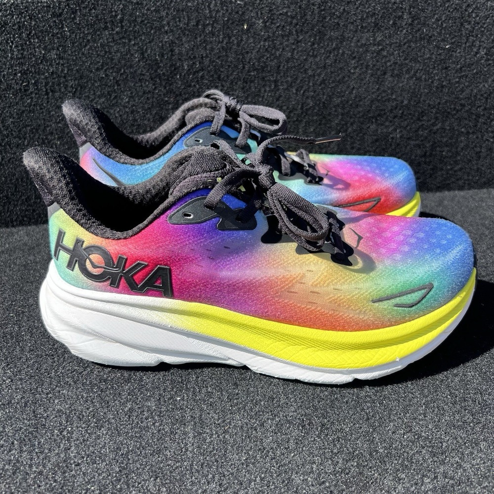 Hoka One One Clifton 9 Shoes Womens Sz 6B Rainbow Running Sneakers 1127896 BKML
